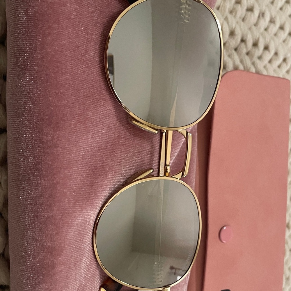 Miu Miu Gold Round Metal Frame Sunglasses with Light Reflective Lenses - Picture 3 of 9